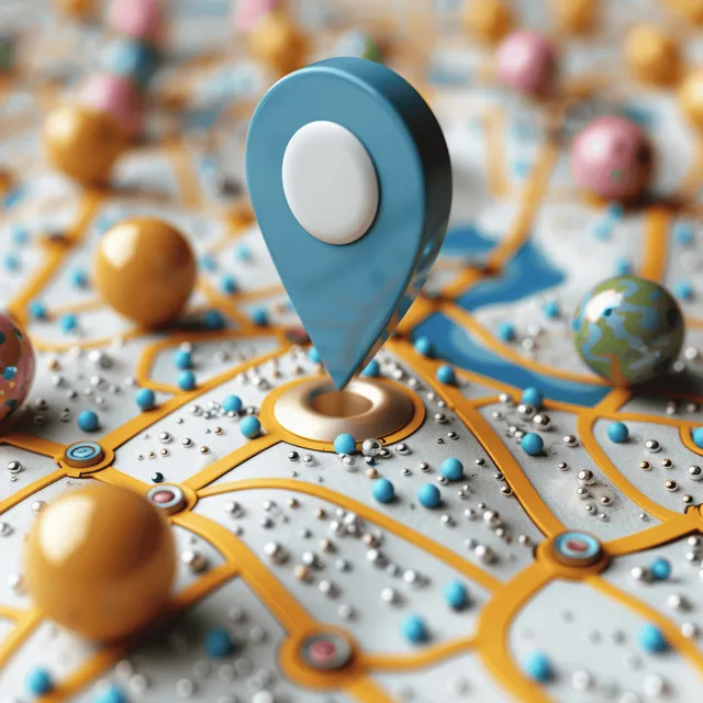 3D location pin pointing on a colorful world map with tiny route lines
