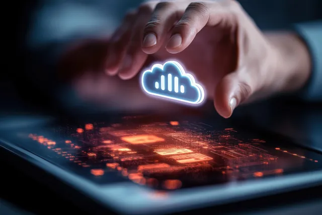 Hand tapping a cloud download icon over a laptop screen with loading indicators