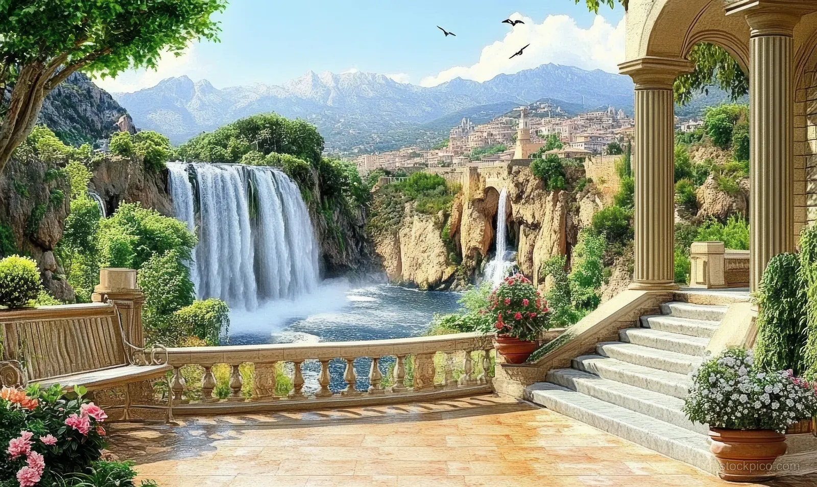 Stone terrace with balustrade overlooks a cascading mountain waterfall and castle ruins surrounded by lush greenery.