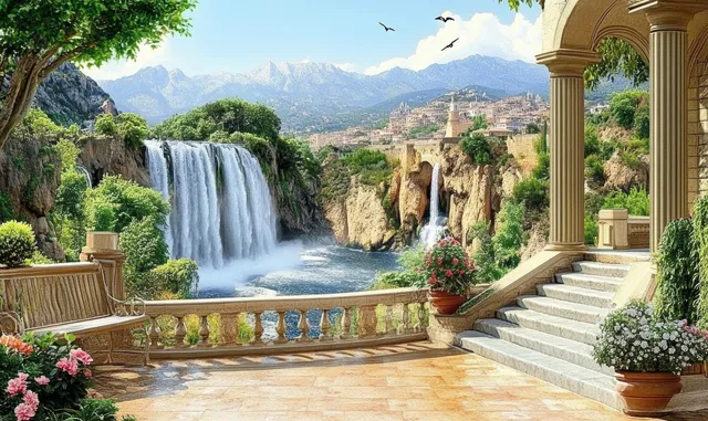 Terrace view of cascading mountain waterfall beside stone castle ruins and greenery
