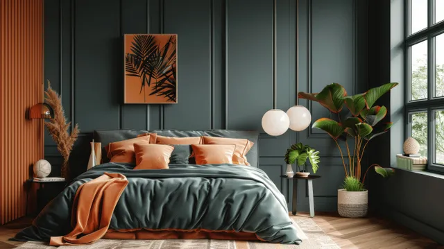 Cozy 3D bedroom interior with dark green wall, peach bedding, and warm window light