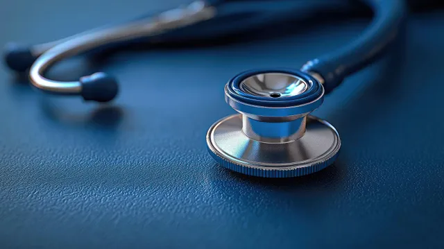 Blue and silver stethoscope lies on a textured blue surface in a close-up medical setting.