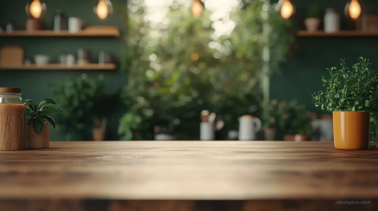 Rustic wooden kitchen counter with small green plants in soft warm light and blurred shelves in the background.