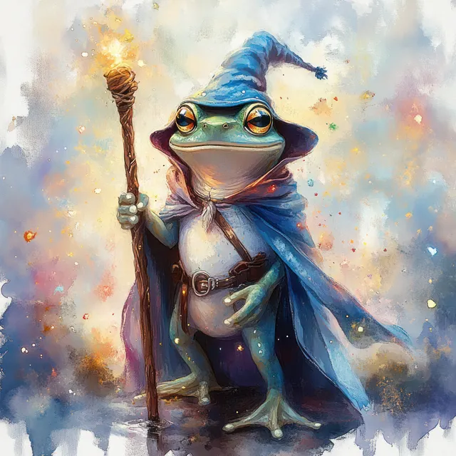 A blue frog wizard holds a staff in watercolor mist with glowing magical sparks and soft clouds.