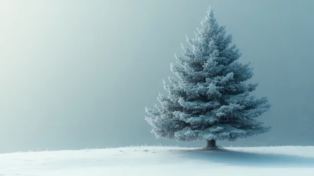 A lone snow-covered fir tree stands on a quiet winter plain under soft blue mist.