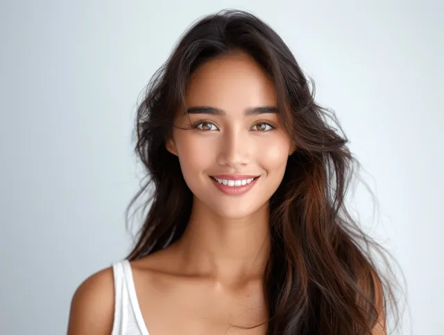 Closeup portrait of a young woman smiling with visible clean teeth against a plain white background.