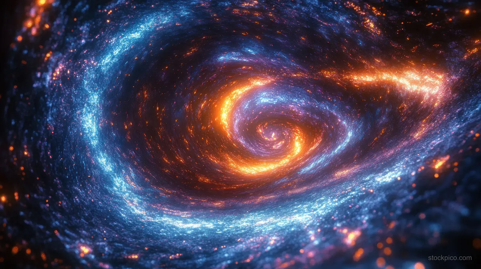 A colorful spiral galaxy with glowing blue and orange star clusters swirling through dark space.
