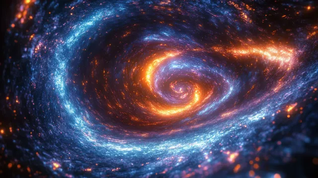 A colorful spiral galaxy with glowing blue and orange star clusters swirling through dark space.
