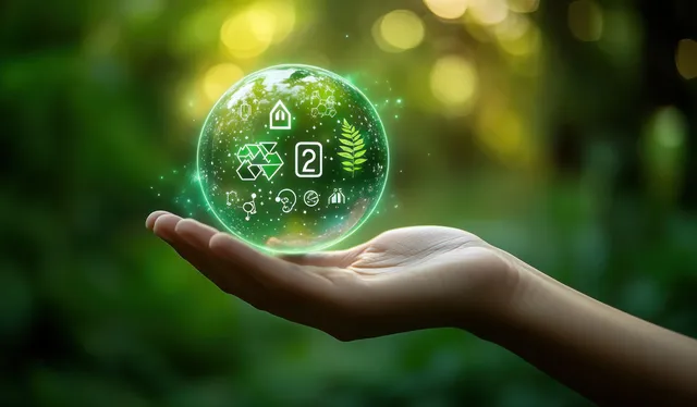 A person’s hand holds a glowing green globe with recycling and leaf icons over a blurred green forest background.