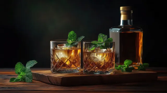 Two amber whiskey glasses with ice and mint sit on a wooden board beside a bottle under dark moody lighting.