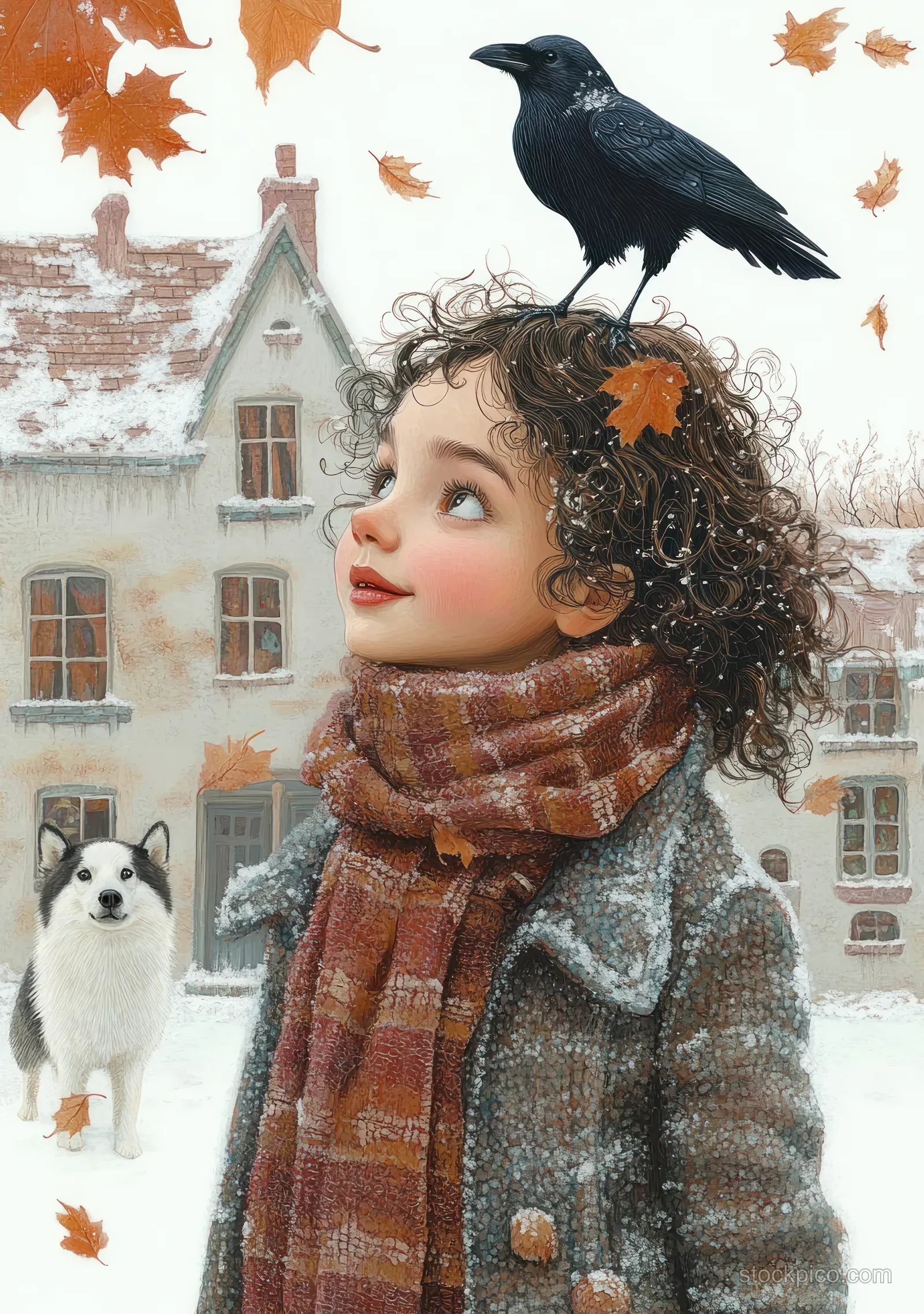 Curly-haired girl in a winter coat looks up at a crow perched near her head while leaves fall and a white dog stands beside old houses.