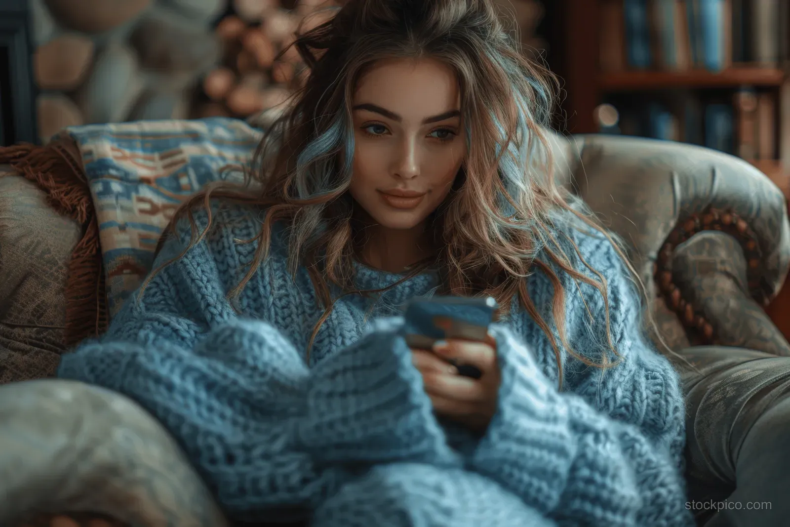 Young woman in a blue sweater sits on an armchair at home, looking at her smartphone while texting.