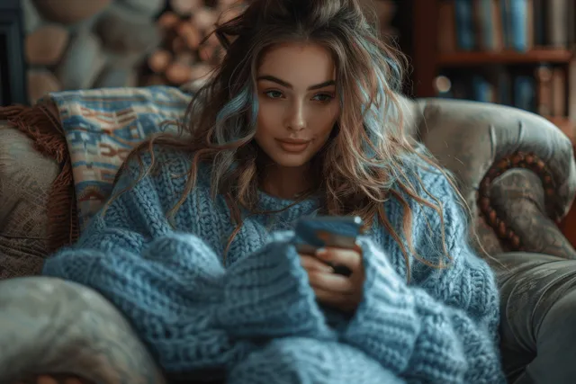 Young woman in a blue sweater sits on an armchair at home, looking at her smartphone while texting.