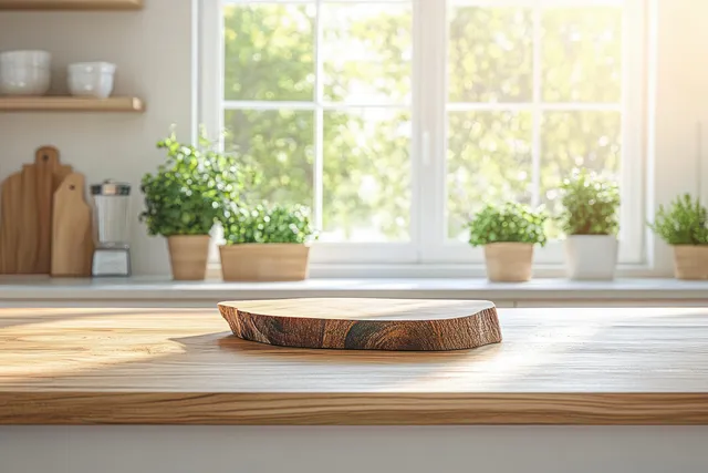 Minimalist kitchen countertop with wooden cutting board, sunlit window blur in background