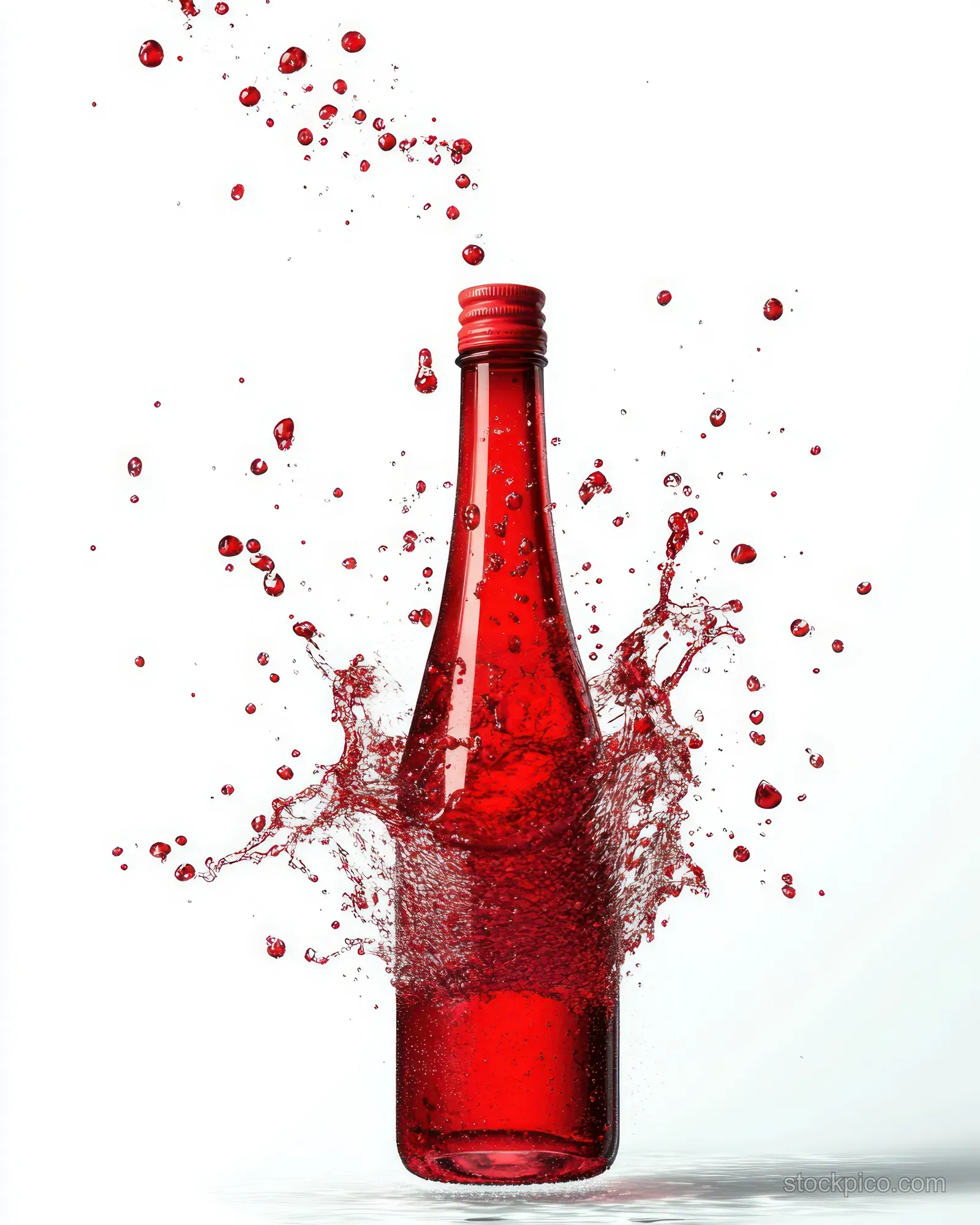 A red glass bottle bursts with red liquid droplets splashing across a clean white background.