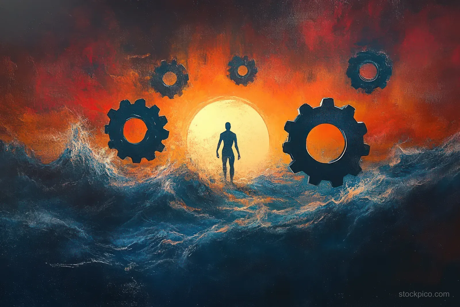 A silhouetted person walks toward a glowing sun as floating gears hover above stormy ocean under an orange-red sky.