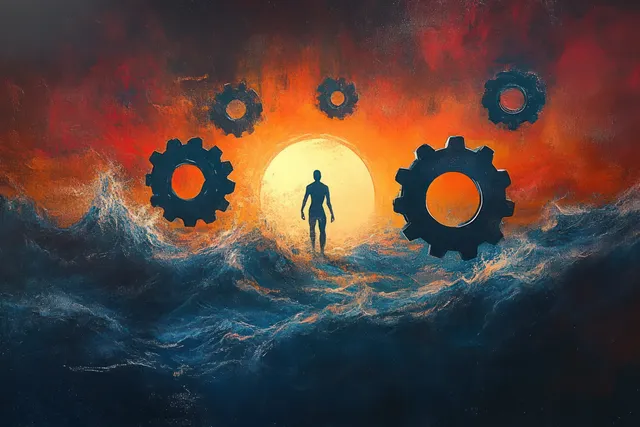 A silhouetted person walks toward a glowing sun as floating gears hover above stormy ocean under an orange-red sky.