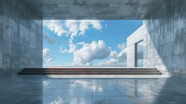 Minimalist concrete tunnel with open frame exit, empty floor, and bright blue sky