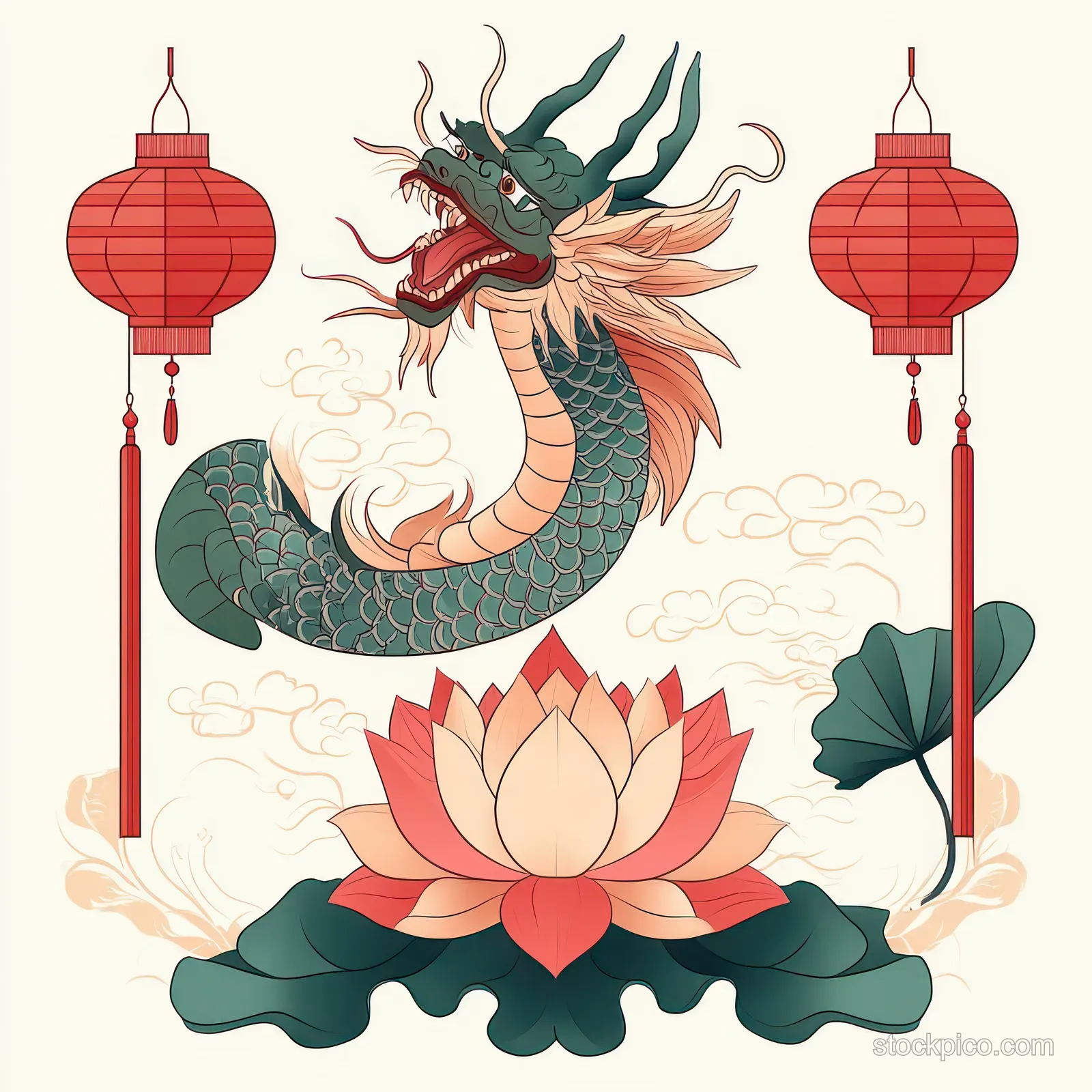 Green dragon rises from a blooming lotus, with red hanging lanterns and stylized clouds around it.