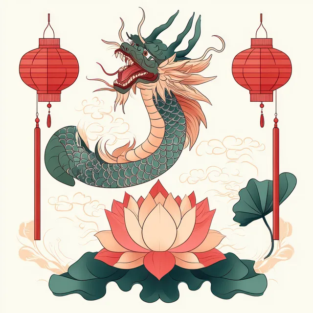 Green dragon rises from a blooming lotus, with red hanging lanterns and stylized clouds around it.