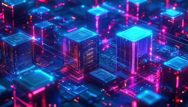 Neon-lit server racks connected by magenta and cyan network links with hovering container nodes.