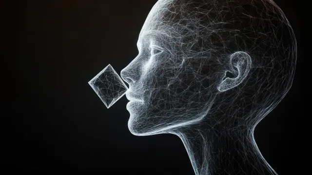 Wireframe side-profile female head faces a floating cube near the nose on a dark abstract background.