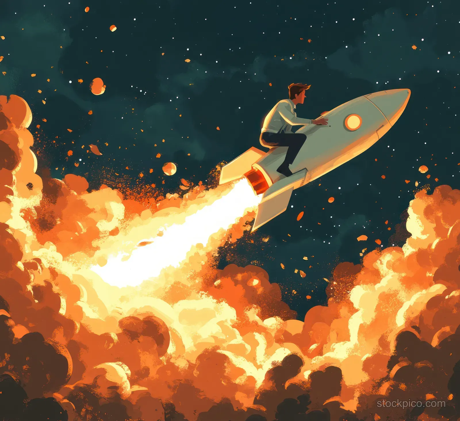 A suited cartoon businessman rides a rocket blasting through fiery clouds, illustrating startup innovation.