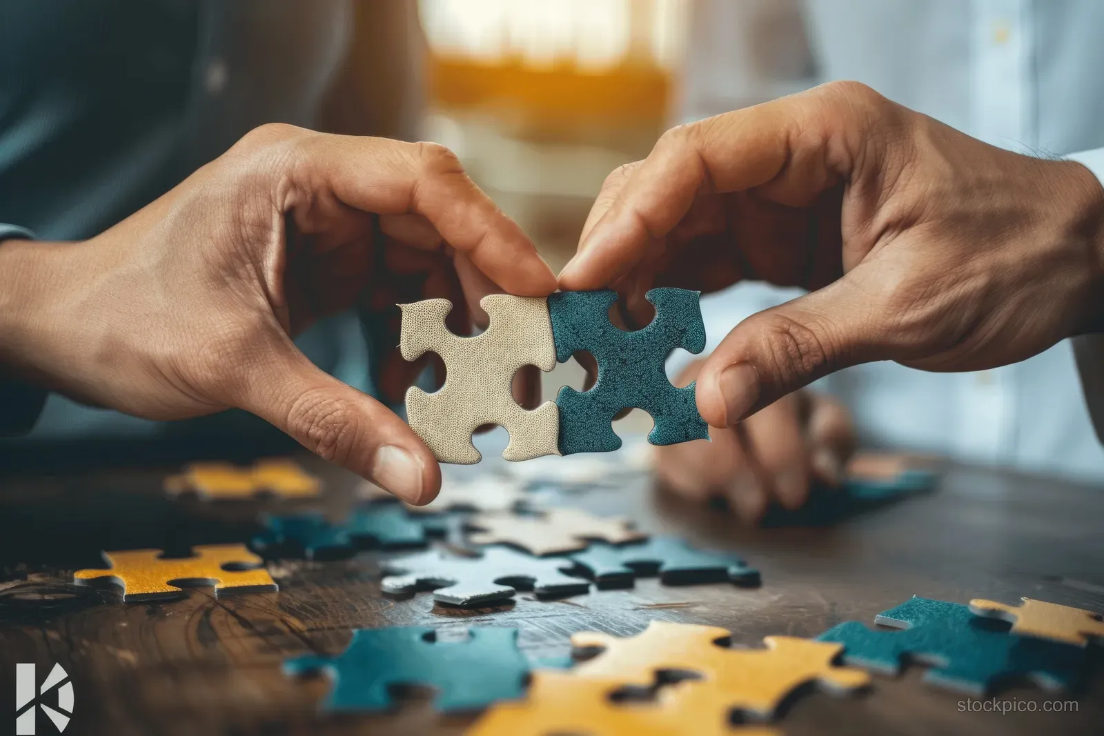 Two hands connect puzzle pieces over a desk with scattered pieces in an office.