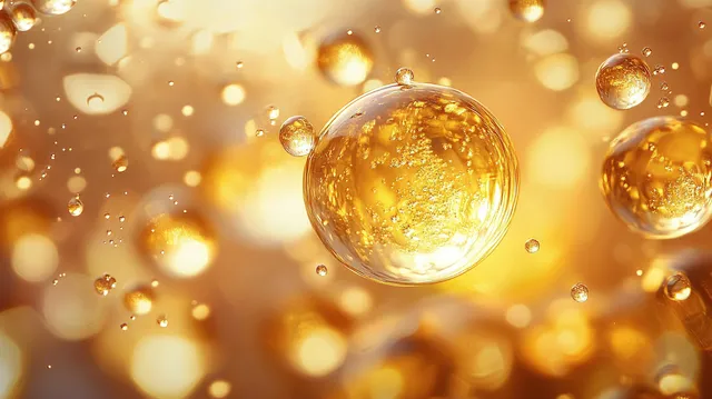 Golden transparent bubbles floating in warm glowing liquid with sparkling light reflections