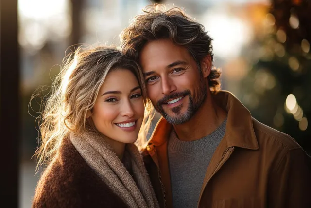 Senior couple embraces outdoors in golden morning light with soft background bokeh.