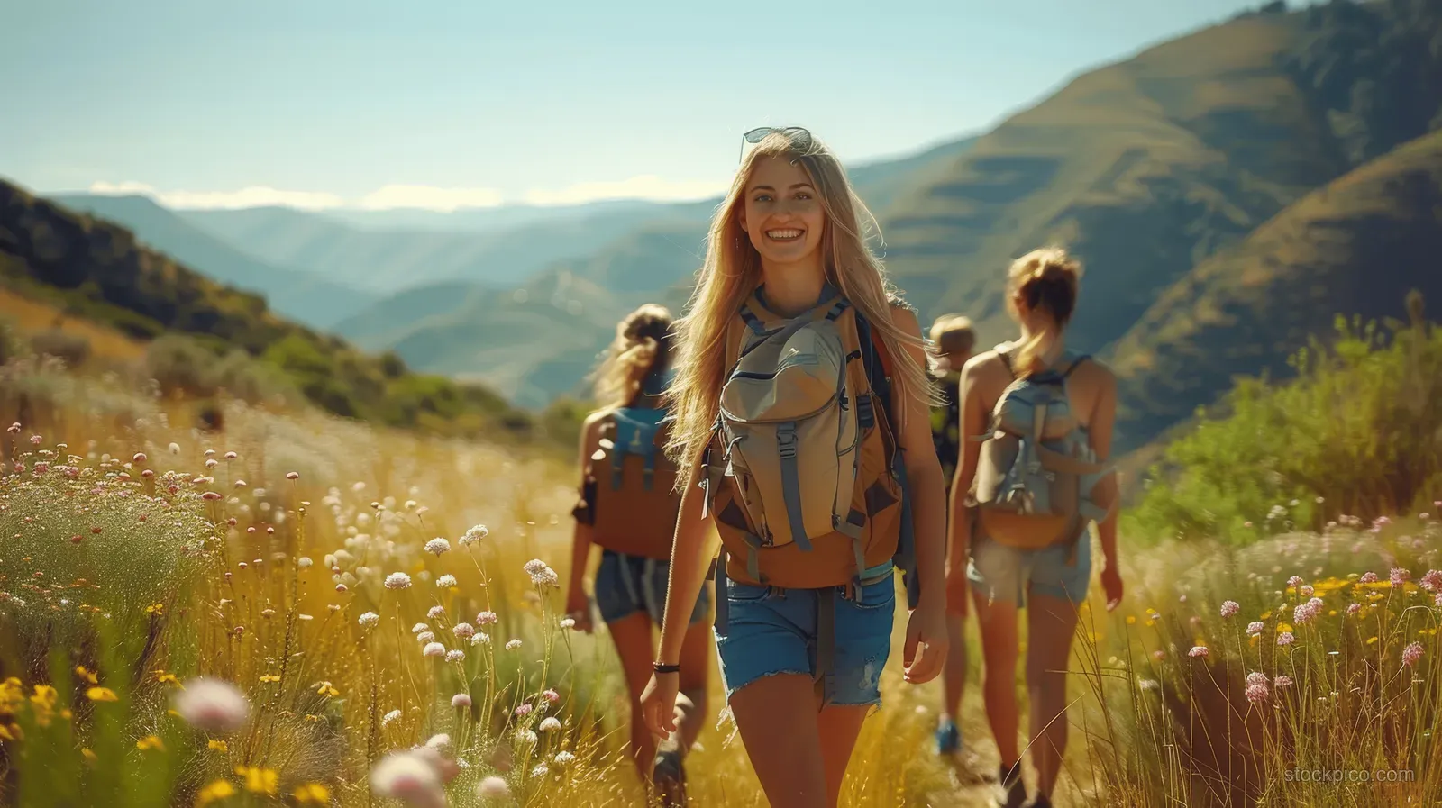 Friends hike along a mountain path through a wildflower meadow in bright summer sunlight with backpacks.