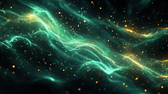 Teal and gold glowing particles form sweeping wave trails across a dark space background with depth.