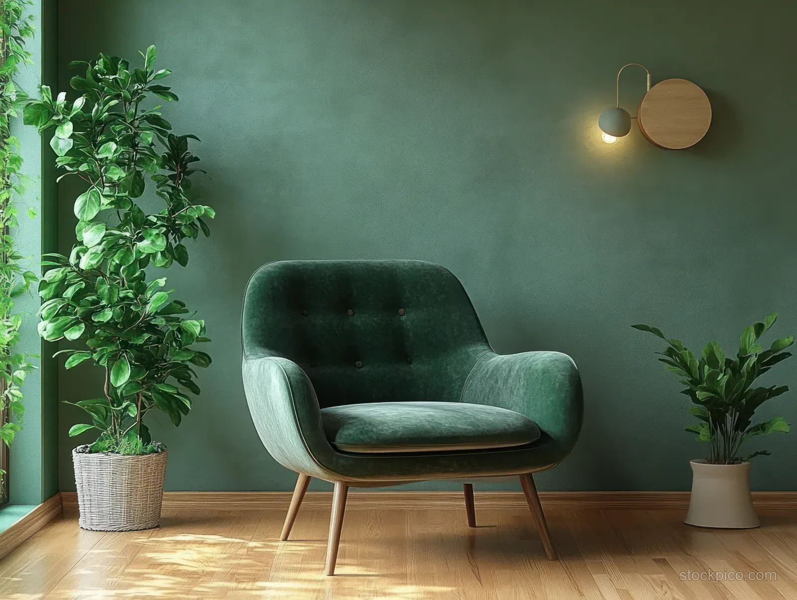 Green velvet armchair in a minimalist living room with potted plants, wooden floor, and warm wall lamp glow.