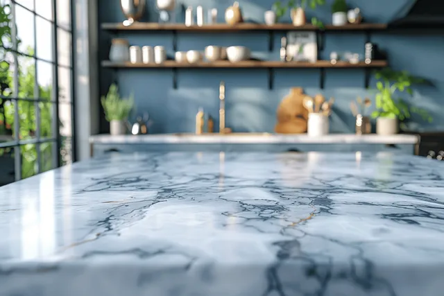 White marble kitchen countertop in foreground with softly blurred blue-lit shelves behind