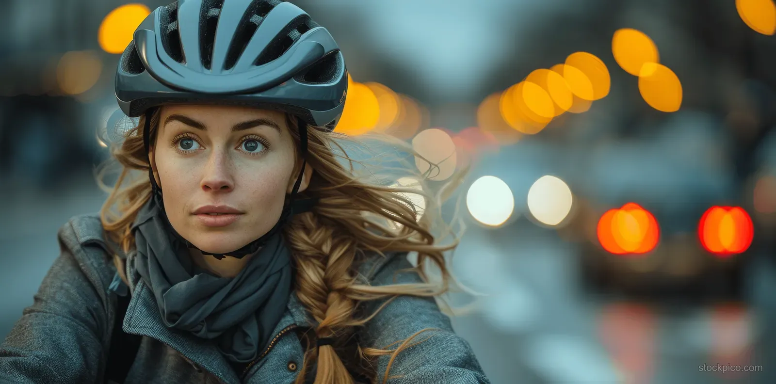 Helmeted businesswoman cycles past blurred city traffic lights on a morning commute street.