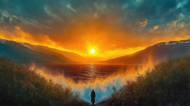 Silhouette hiker stands in dense bushes watching fiery sunset over misty mountain lake