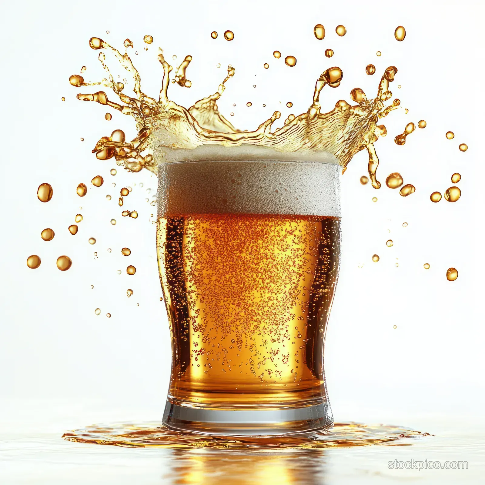 Amber beer in a clear glass overflows with foam while droplets splash upward on a white background.