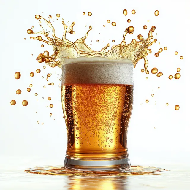 Amber beer in a clear glass overflows with foam while droplets splash upward on a white background.