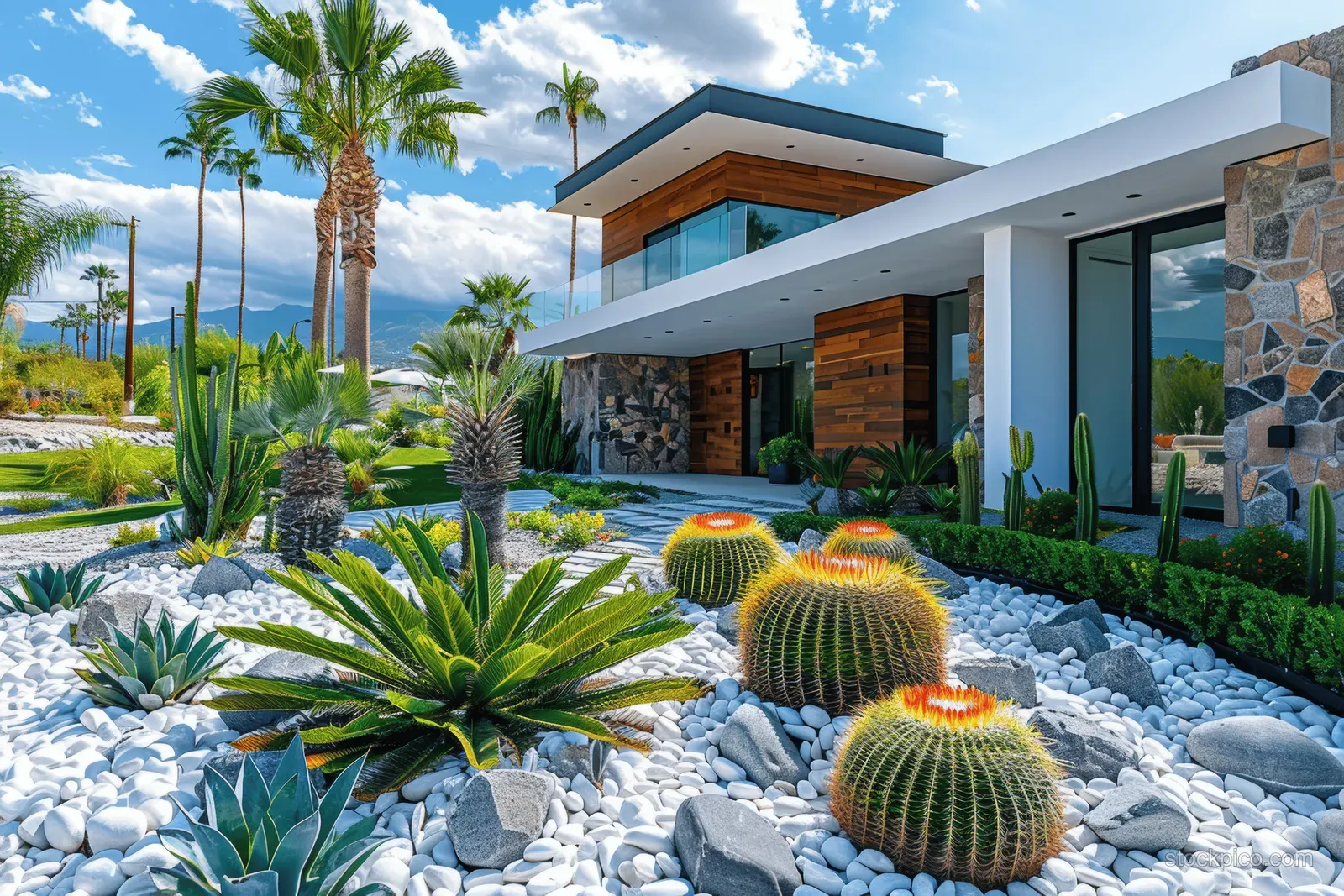 White pebble landscaping with cacti and palm trees sits beside a modern house with large glass windows.