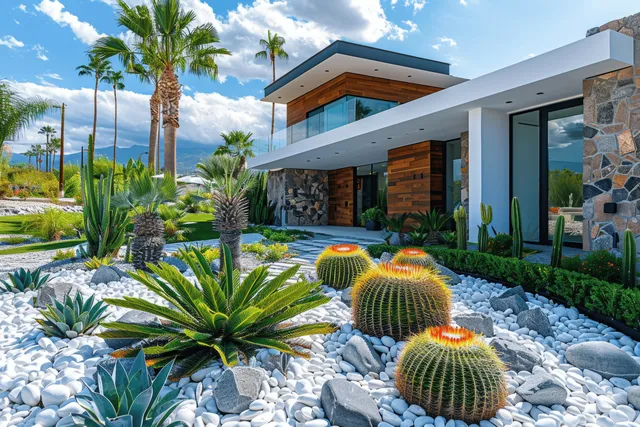 Modern desert front garden with white pebbles, cacti, and palm trees near architecture