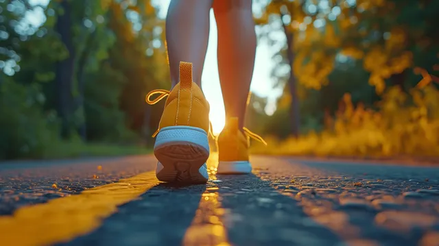 Child running on sunlit park path, joyful play with visible shoe tread and motion