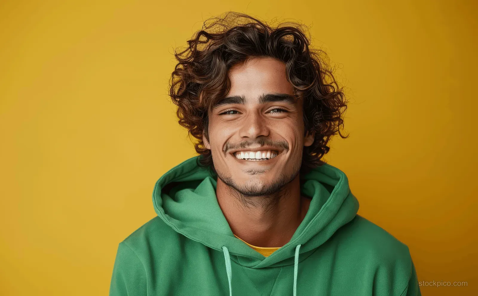 A smiling young man with curly hair in a green hoodie poses against a pastel lime background.