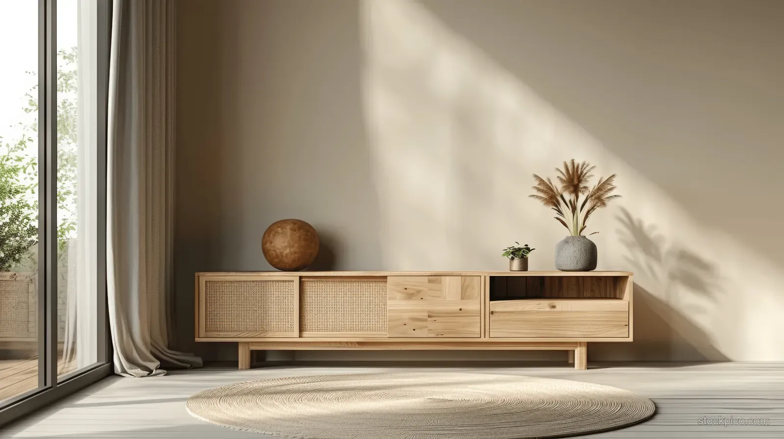 Minimalist living room interior with a wooden cabinet, black curtains, beige wall, and soft sunlight.