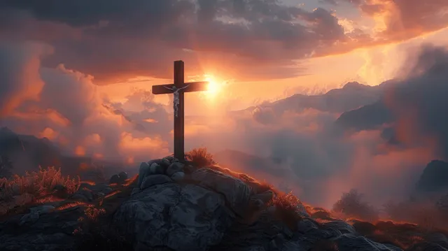 Wooden cross on rocky hill at sunrise above misty mountains