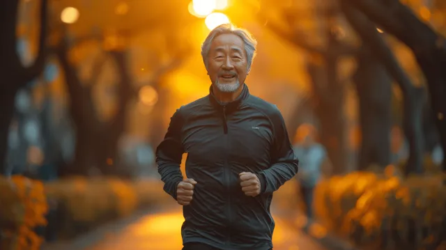 Smiling senior jogger running through an autumn park path in warm sunlight