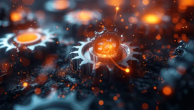 Glowing AI core chip framed by connected network nodes and floating CRM-style icons in dark abstract space.