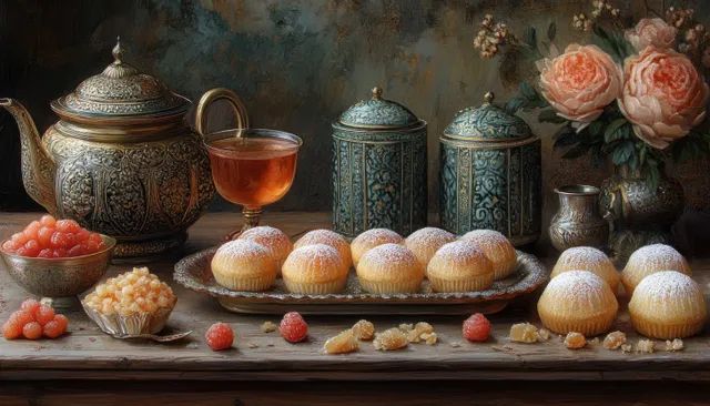 Brass tea pot and cups beside assorted frosted Eid sweets and fruits on a decorated table with warm lantern lighting.