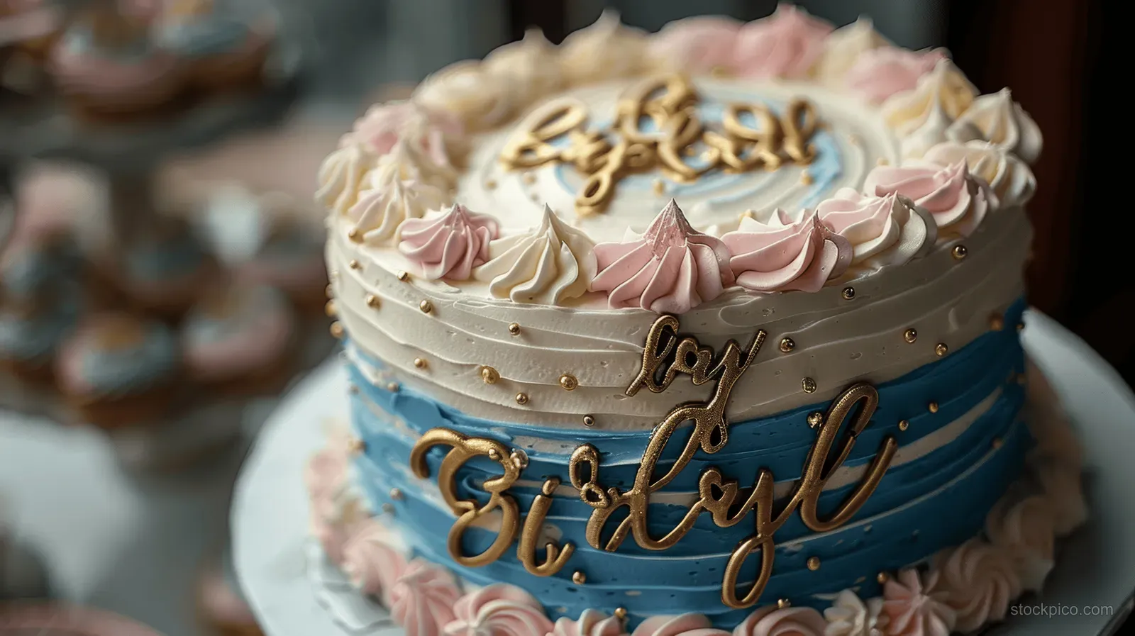 Gender reveal cake with pink and blue frosting layers and a gold topper reading “Baby Boy.”
