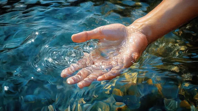 Hand touching clear stream water over pebbles, forming ripples and reflections in sunlight