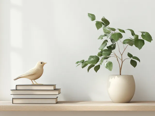 A small wooden bird sculpture sits on stacked books beside a green plant in a beige pot on a light shelf.